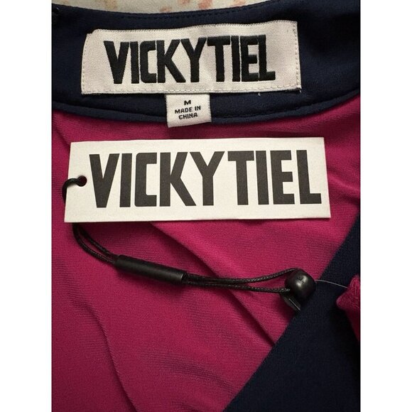 Vicky Tiel M Pink-Navy Colorblock V-Neck Zip Short Split Sleeve Below Knee Dress - Picture 6 of 6